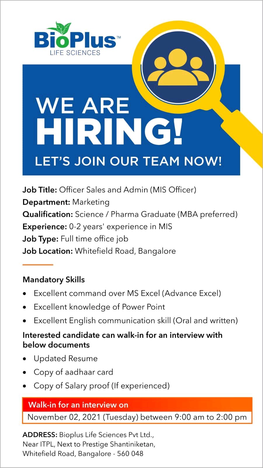 Bio-Plus Life Sciences - Walk-In Interviews For Sales & Admin Officer