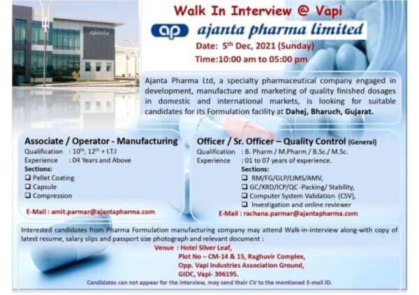 Ajanta Pharma Limited – Walk-In Interviews For 10th/ 12th/ ITI / B ...