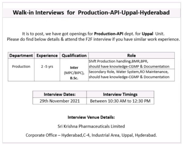 Sri Krishna Pharma – Walk-In Interviews