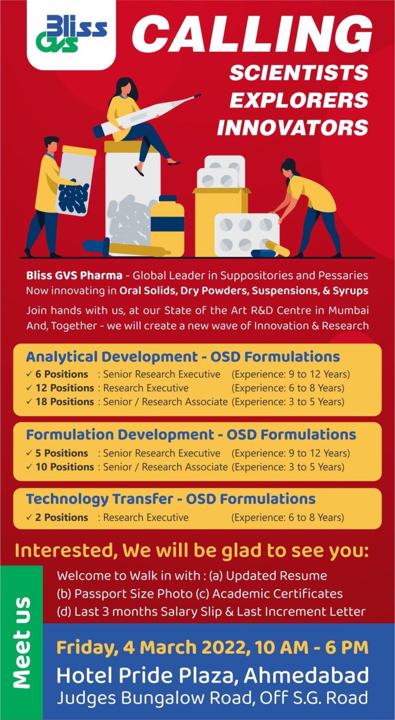 Bliss GVS Pharma – Walk-In Interviews On 4th Mar’ 2022 For Analytical ...