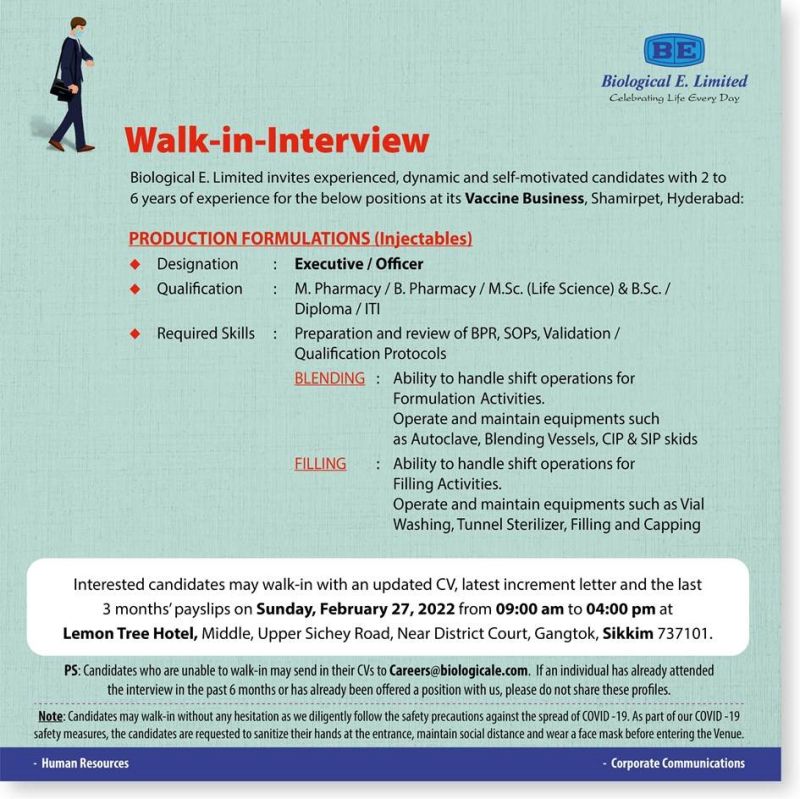 Biological E. Limited – Walk-In Interviews on 27th Feb’ 2022 for ...