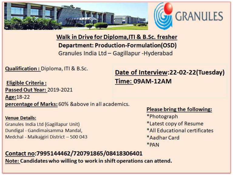 Granules India Limited - On 22nd Feb’ 2022 For B.Sc / Diploma / ITI ...