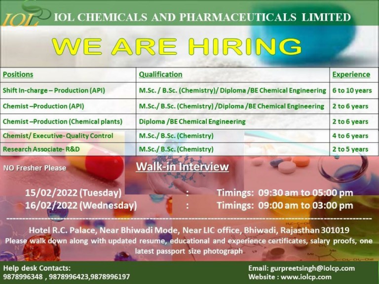 IOL Chemicals and Pharmaceutical Limited – Walk-Ins on 15th & 16th Feb ...