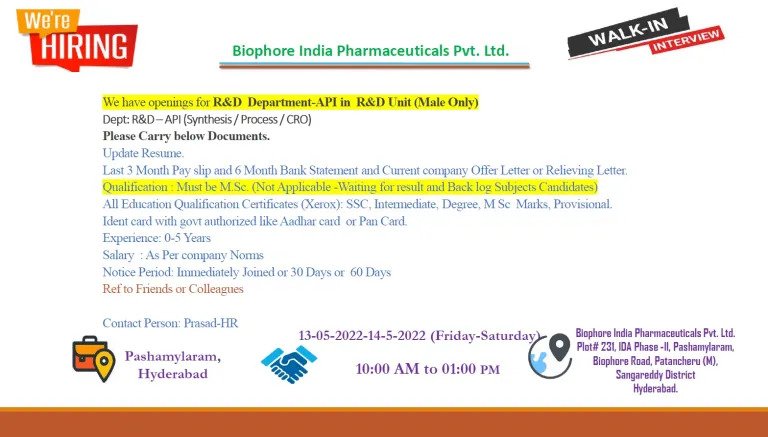 Biophore India – Walk-In Interviews On 13th & 14th May’ 2022 For ...