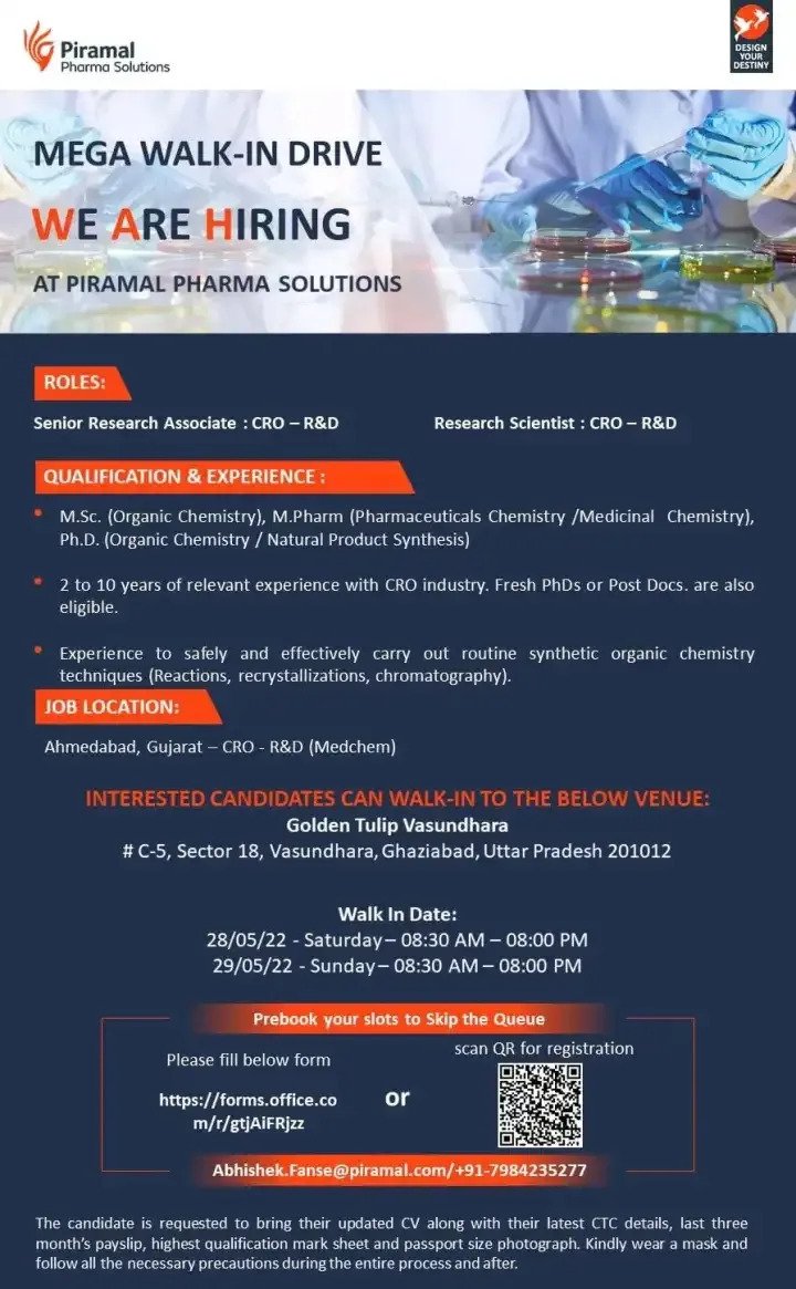 Piramal Pharma Limited – Mega Walk-in Drive on 28th & 29th May’ 2022