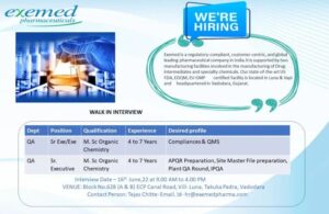 Exemed Pharmaceuticals Walk Ins On Th June For Qc Qa