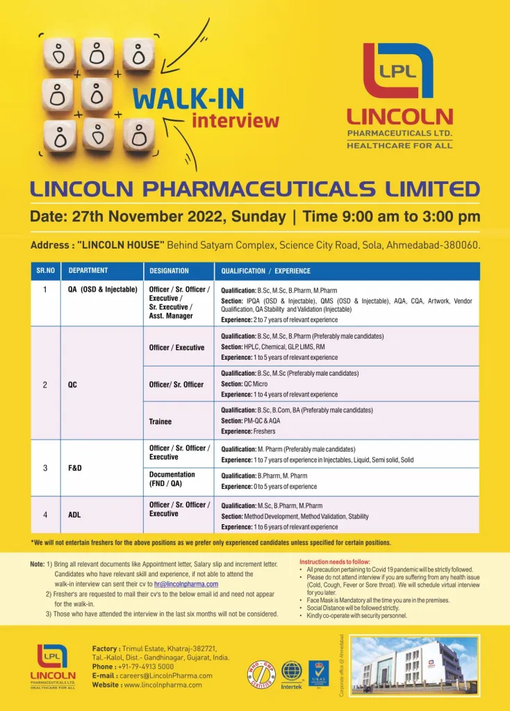 Lincoln Pharmaceuticals – Walk-Ins On 27th Nov’ 2022 For Production ...