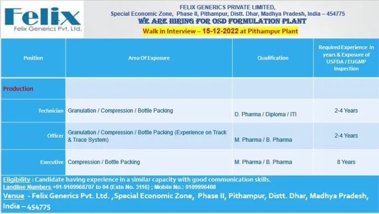 Felix Generics Pvt. Ltd – Walk-Ins On 15th Dec’ 2022 For B.Pharm / M ...